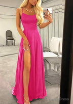 A-line Bateau Spaghetti Straps Sweep Train Charmeuse Prom Dresses With Split