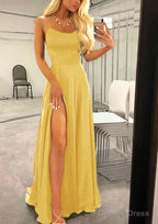 A Line Bateau Spaghetti Straps Sweep Train Charmeuse Prom Dresses With Split
