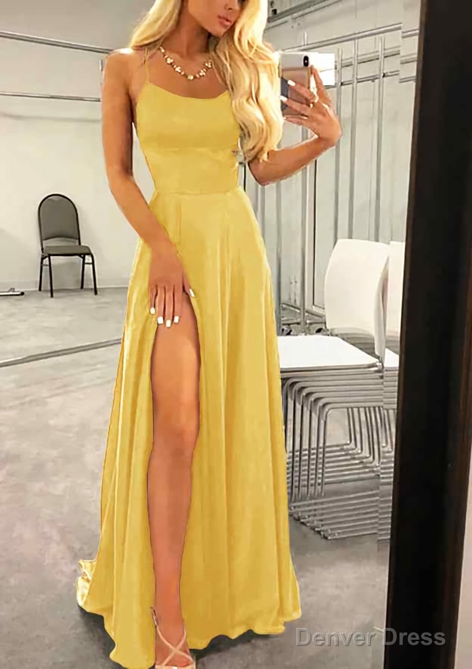 A Line Bateau Spaghetti Straps Sweep Train Charmeuse Prom Dresses With Split