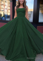 A Line Bateau Spaghetti Straps Sweep Train Chiffon Prom Dresses