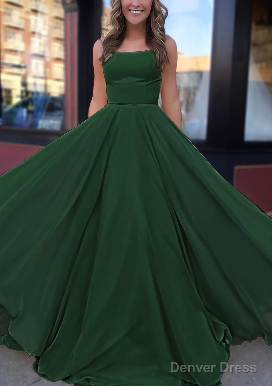 A Line Bateau Spaghetti Straps Sweep Train Chiffon Prom Dresses
