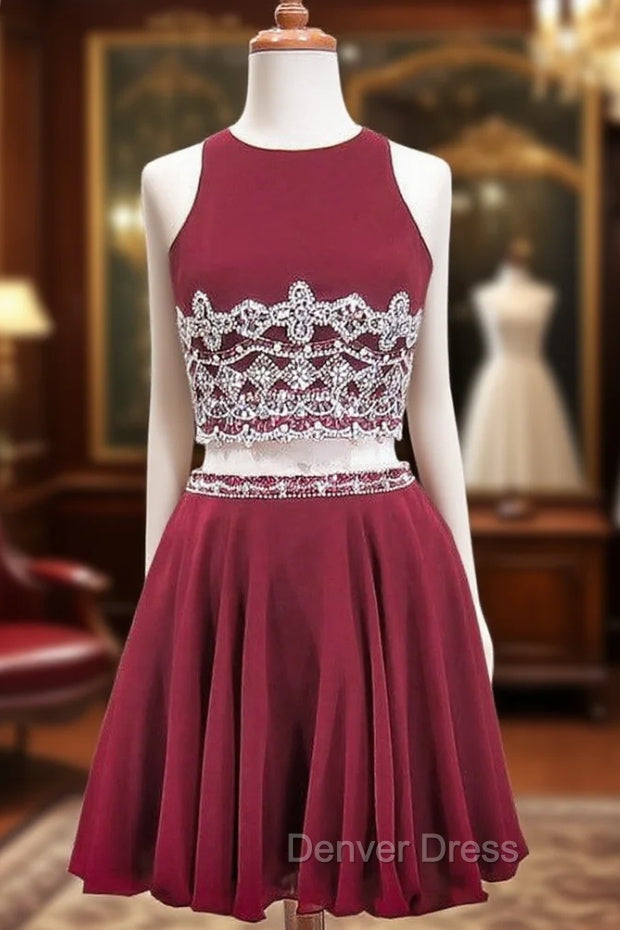 A-line Beaded Crystals Burgundy Chiffon Two Piece Homecoming Dresses Main image