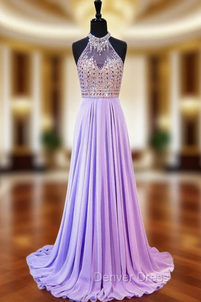 A-line Beaded Crystals Floor Length Backless Lilac Chiffon Prom Dresses Main image