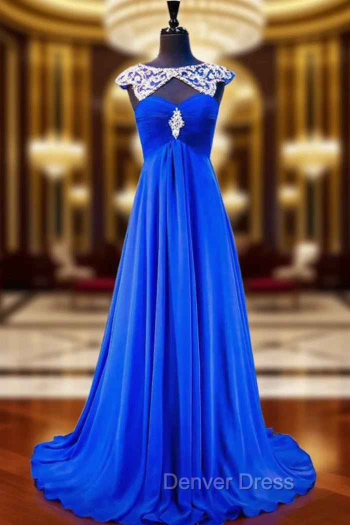 A-line Beaded Crystals Royal Blue Backless Chiffon Prom Dresses