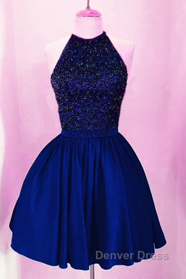 A Line Beaded Halter Keyhole Back Satin Homecoming Dresses Short Secondary image