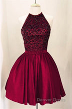 A-Line Beaded Halter Keyhole Back Satin Homecoming Dresses Short