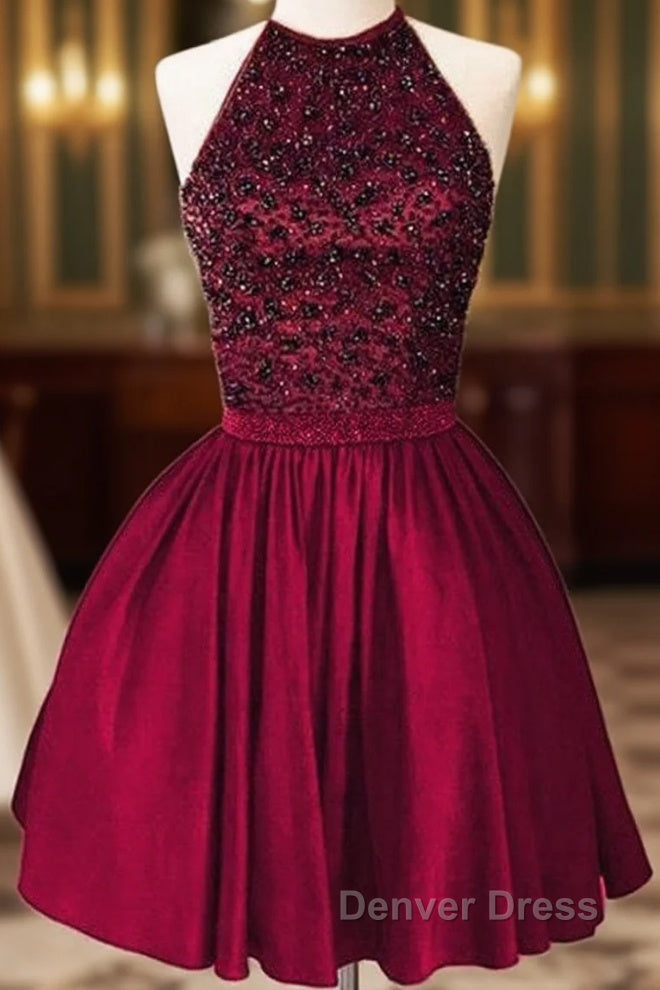 A-Line Beaded Halter Keyhole Back Satin Homecoming Dresses Short Main image