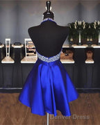 A Line Beaded Halter Satin Prom Dress Short Open Back Homecoming Dresses