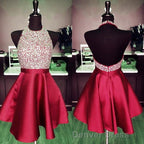 A Line Beaded Halter Satin Prom Dress Short Open Back Homecoming Dresses