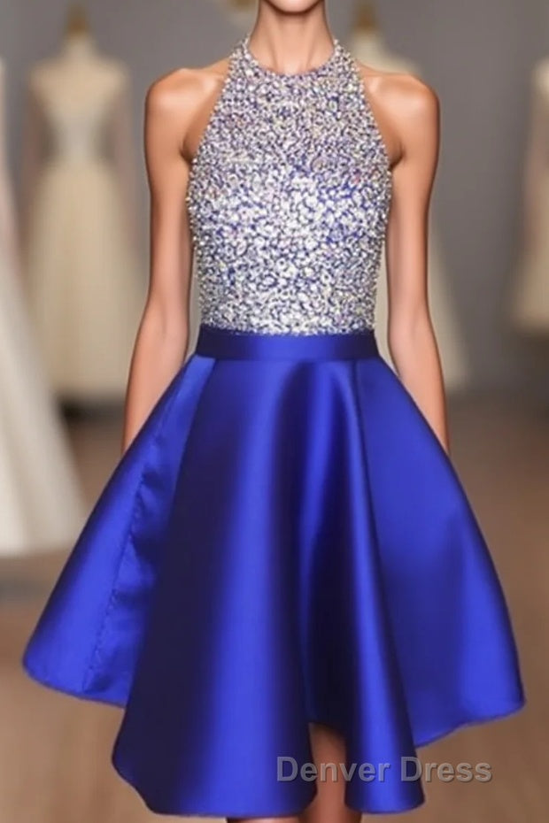 A Line Beaded Halter Satin Prom Dress Short Open Back Homecoming Dresses Main image