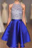 A Line Beaded Halter Satin Prom Dress Short Open Back Homecoming Dresses