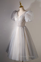 A-Line Beaded Short Prom Dresses, Cute Short Sleeve Homecoming Party Dresses