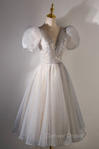 A Line Beaded Short Prom Dress, Cute Short Sleeve Homecoming Prom Dresses