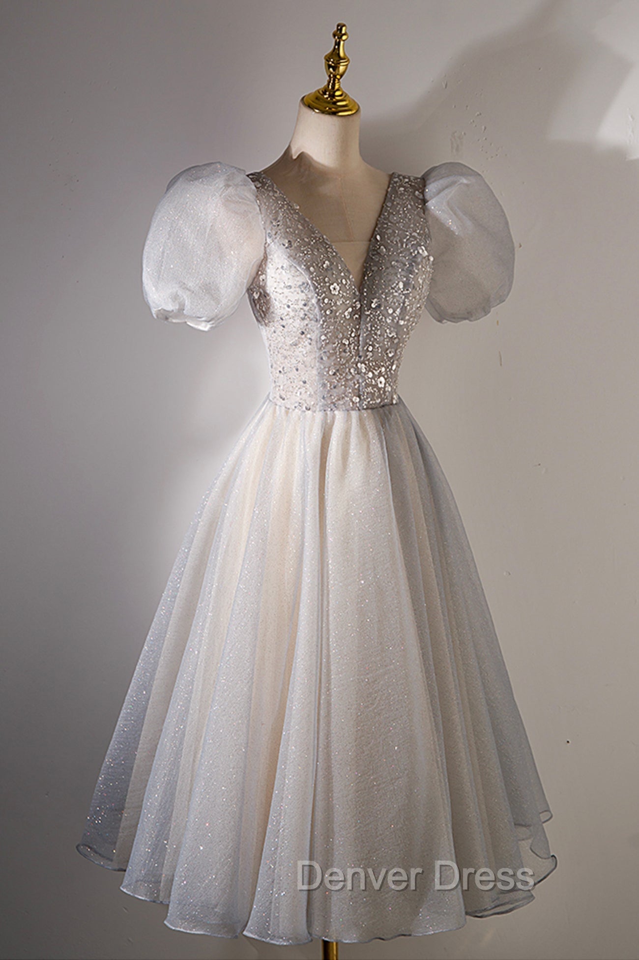 A Line Beaded Short Prom Dress, Cute Short Sleeve Homecoming Prom Dresses