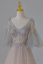 A Line Beaded V Neckline Tulle Prom Dress, Puffy Sleeves Long Prom Dresses