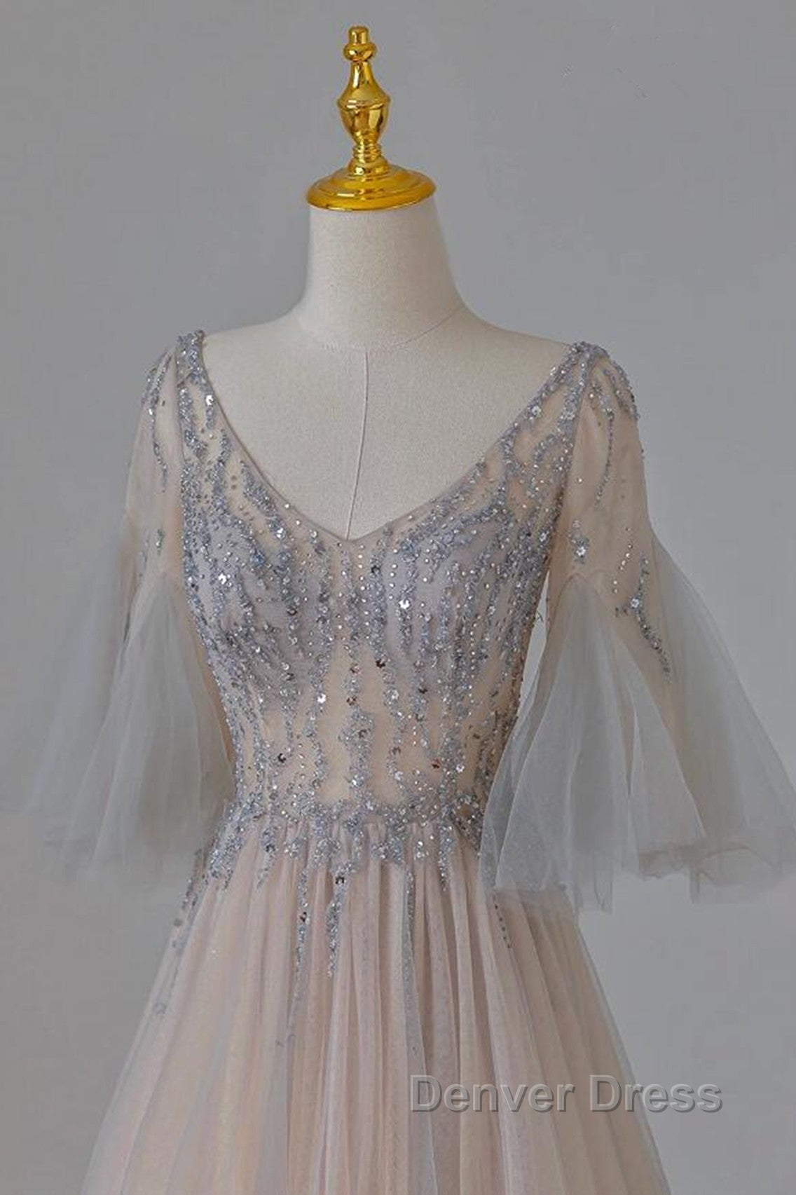 A Line Beaded V Neckline Tulle Prom Dress, Puffy Sleeves Long Prom Dresses