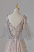 A Line Beaded V Neckline Tulle Prom Dress, Puffy Sleeves Long Prom Dresses