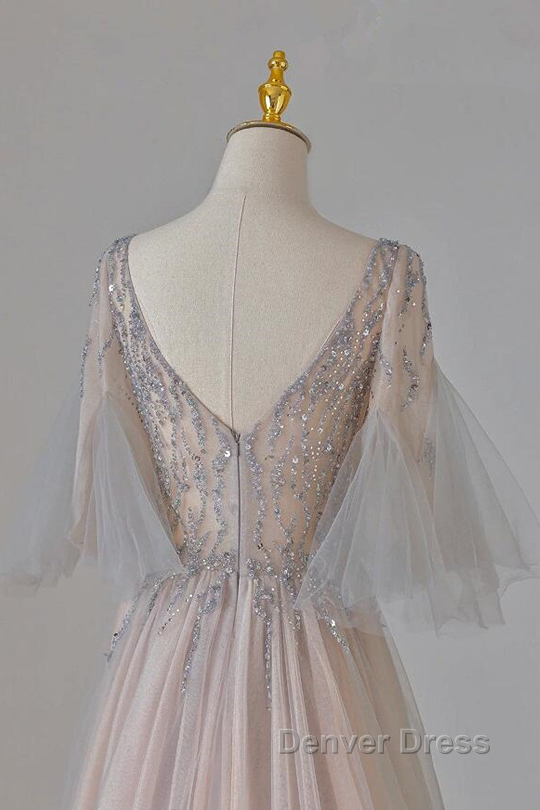 A Line Beaded V Neckline Tulle Prom Dress, Puffy Sleeves Long Prom Dresses