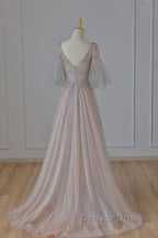 A Line Beaded V Neckline Tulle Prom Dress, Puffy Sleeves Long Prom Dresses
