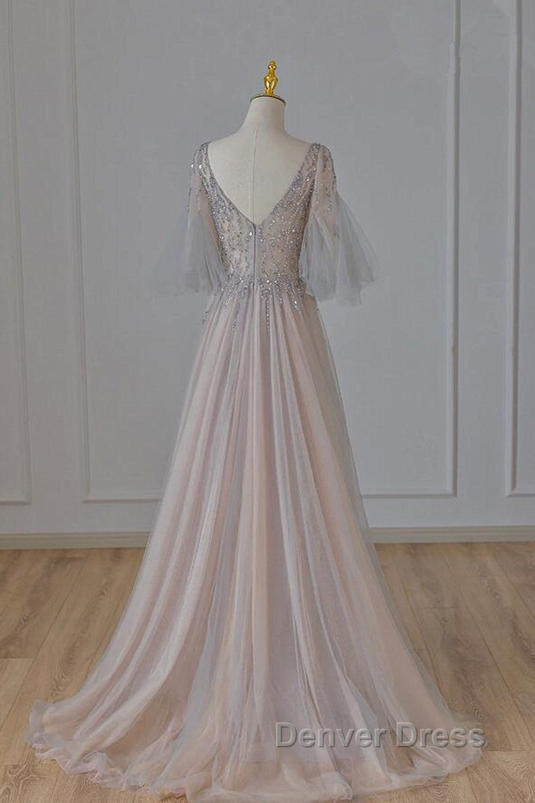 A Line Beaded V Neckline Tulle Prom Dress, Puffy Sleeves Long Prom Dresses