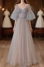 A Line Beaded V Neckline Tulle Prom Dress, Puffy Sleeves Long Prom Dresses