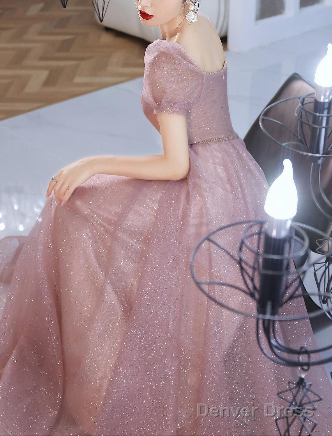 A Line Beautiful Back Elegant Prom Birthday Dresses Sweetheart Neckline Short Sleeve Floor Length Lace With Beading Puff Balloon Sleeve Secondary image