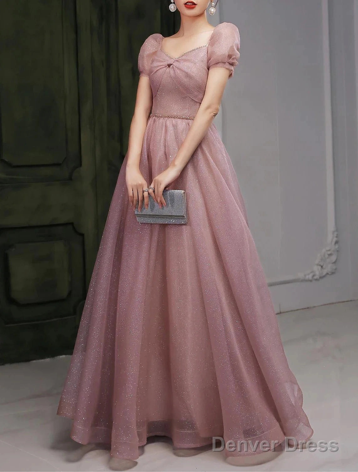A Line Beautiful Back Elegant Prom Birthday Dresses Sweetheart Neckline Short Sleeve Floor Length Lace With Beading Puff Balloon Sleeve