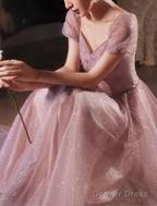 A Line Beautiful Back Elegant Prom Birthday Dresses Sweetheart Neckline Short Sleeve Floor Length Lace With Beading Puff Balloon Sleeve