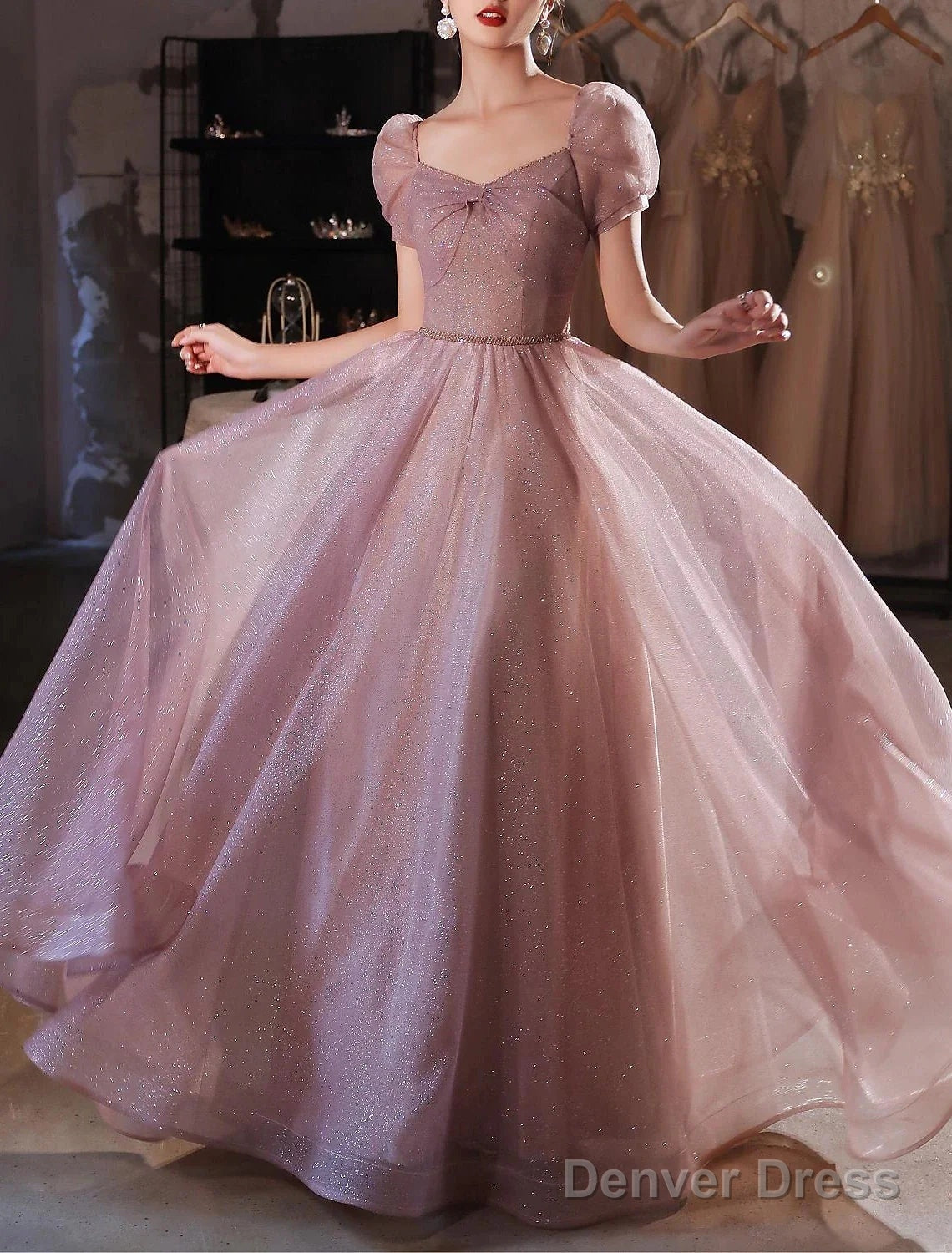 A Line Beautiful Back Elegant Prom Birthday Dresses Sweetheart Neckline Short Sleeve Floor Length Lace With Beading Puff Balloon Sleeve Main image