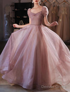 A Line Beautiful Back Elegant Prom Birthday Dresses Sweetheart Neckline Short Sleeve Floor Length Lace With Beading Puff Balloon Sleeve