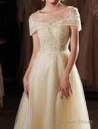 A Line Beautiful Back Elegant Prom Dresses Jewel Neck Short Sleeve Floor Length Lace With Beading Appliques