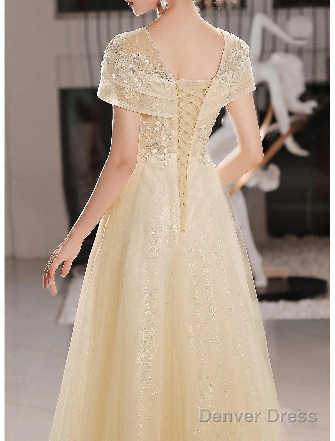 A-Line Beautiful Back Elegant Prom Formal Evening Dress Jewel Neck Short Sleeve Floor Length Lace With Beading Appliques