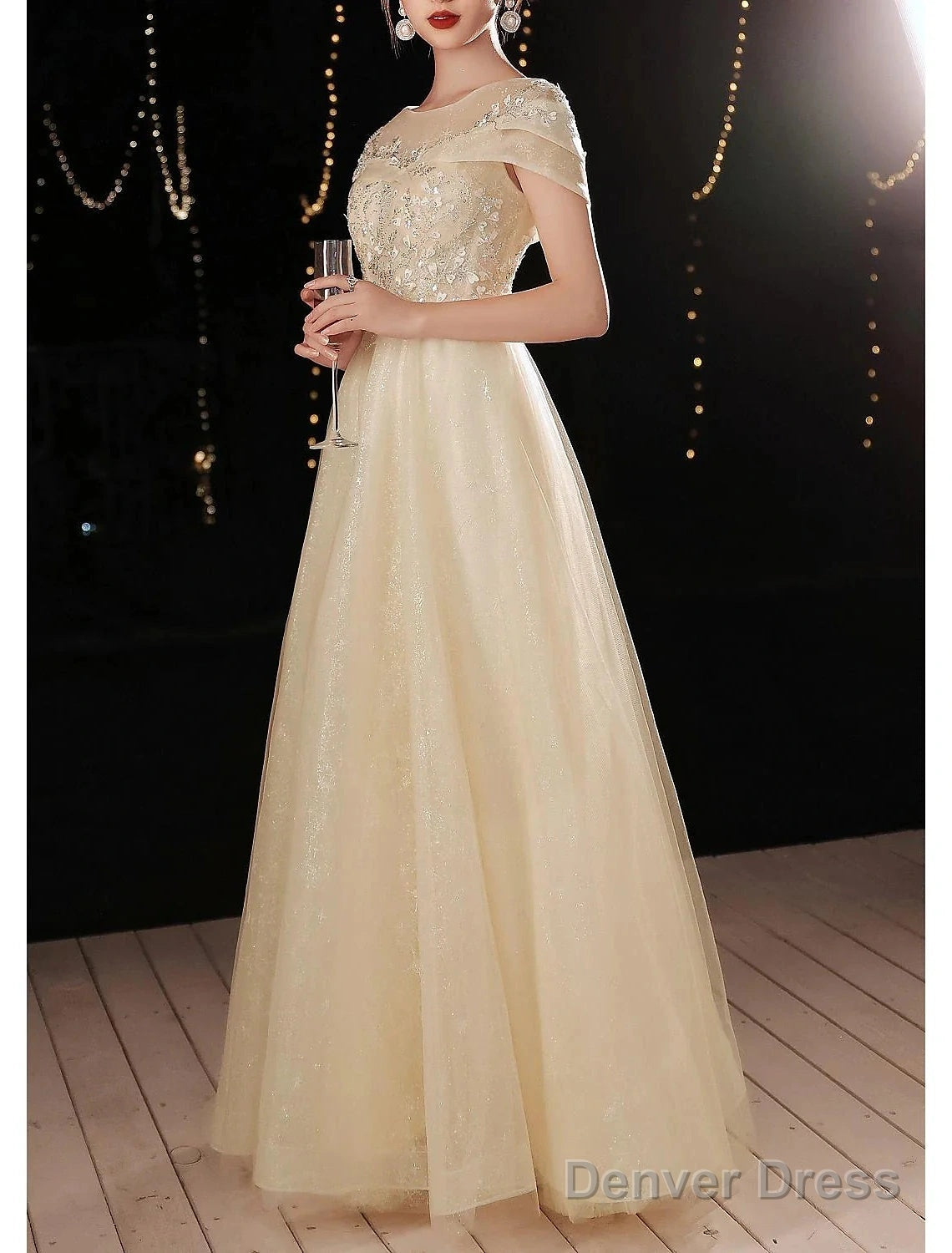 A-Line Beautiful Back Elegant Prom Formal Evening Dress Jewel Neck Short Sleeve Floor Length Lace With Beading Appliques Main image