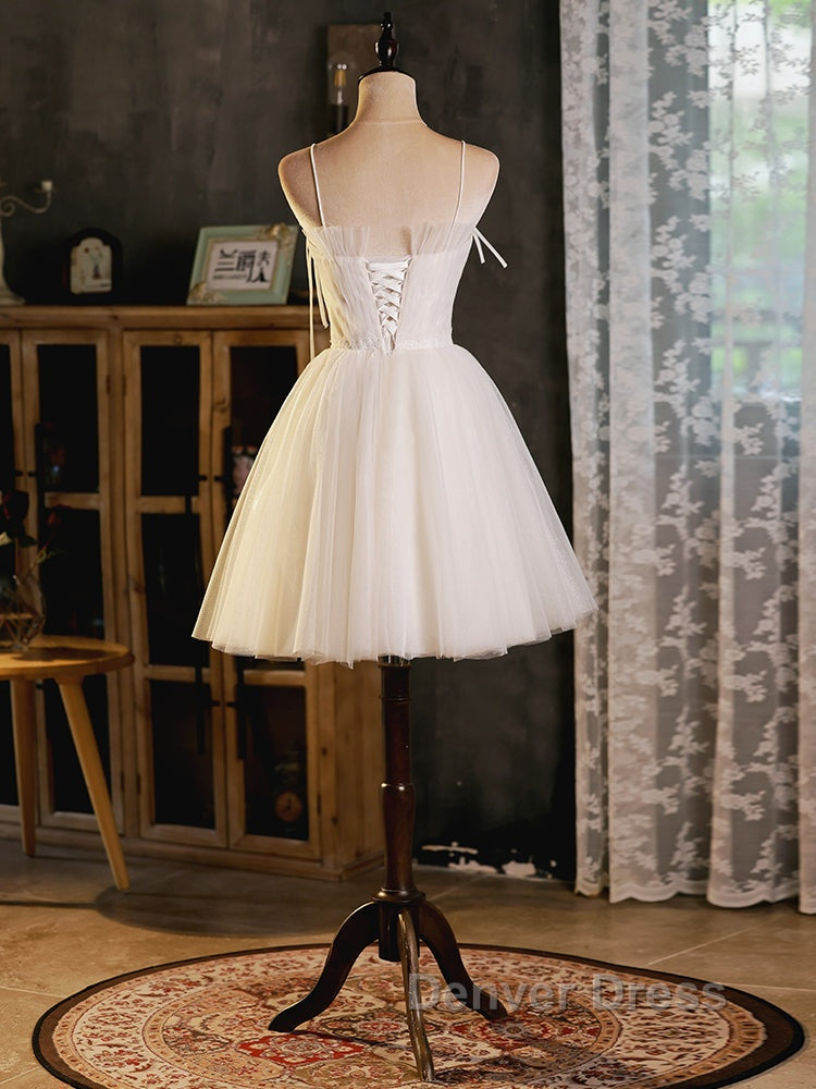 A Line Beige Tulle Short Prom Dress, Beige Cute Homecoming Dresses
