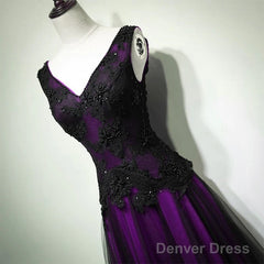 A-Line Black And Purple Tulle V-Neckline Beaded Prom Dress, Black Tulle Formal Dress