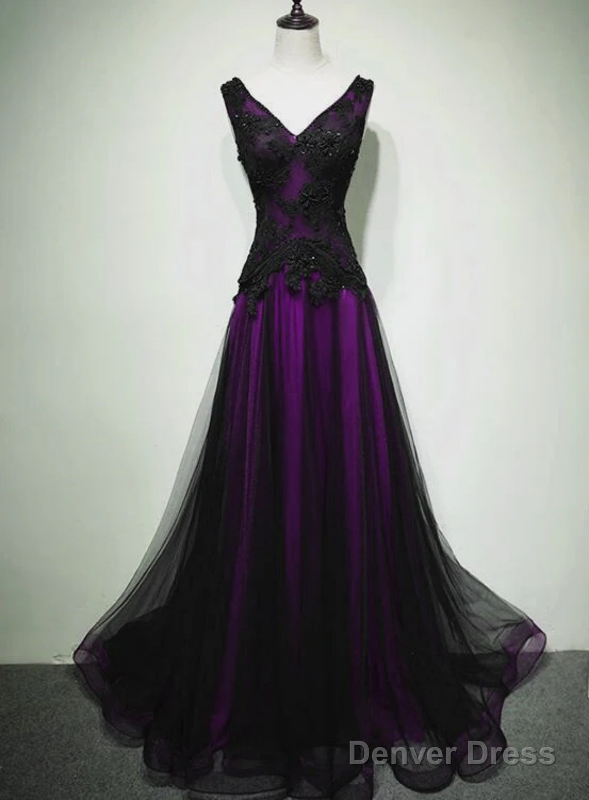 A-Line Black And Purple Tulle V-Neckline Beaded Prom Dress, Black Tulle Formal Dress Main image