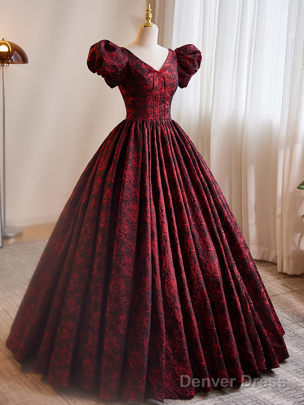 A-Line Black And Red Lace Short Sleeves Party Dress, Black And Red Long Formal Dress