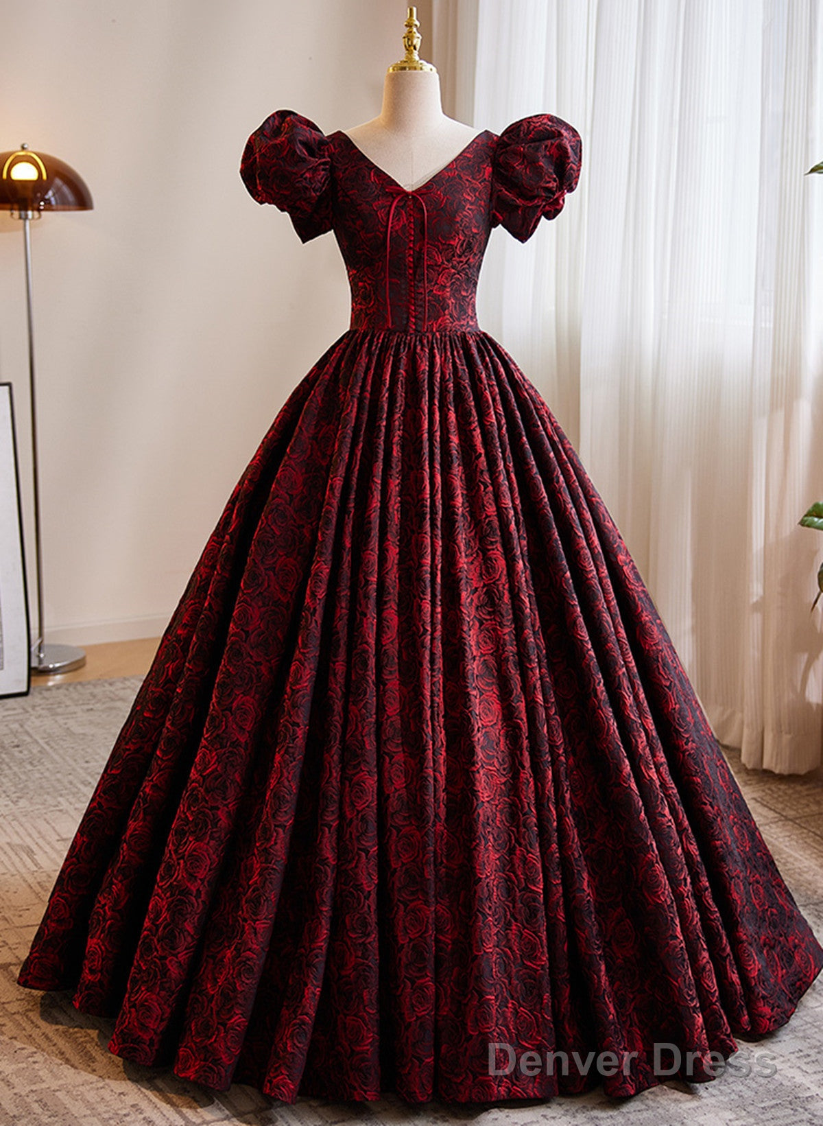 A-Line Black And Red Lace Short Sleeves Party Dress, Black And Red Long Formal Dress Main image