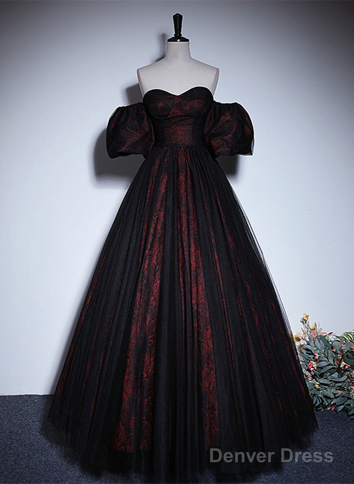 A-Line Black And Red Lace Sweetheart Evening Dress, Black And Red Prom Dress Main image