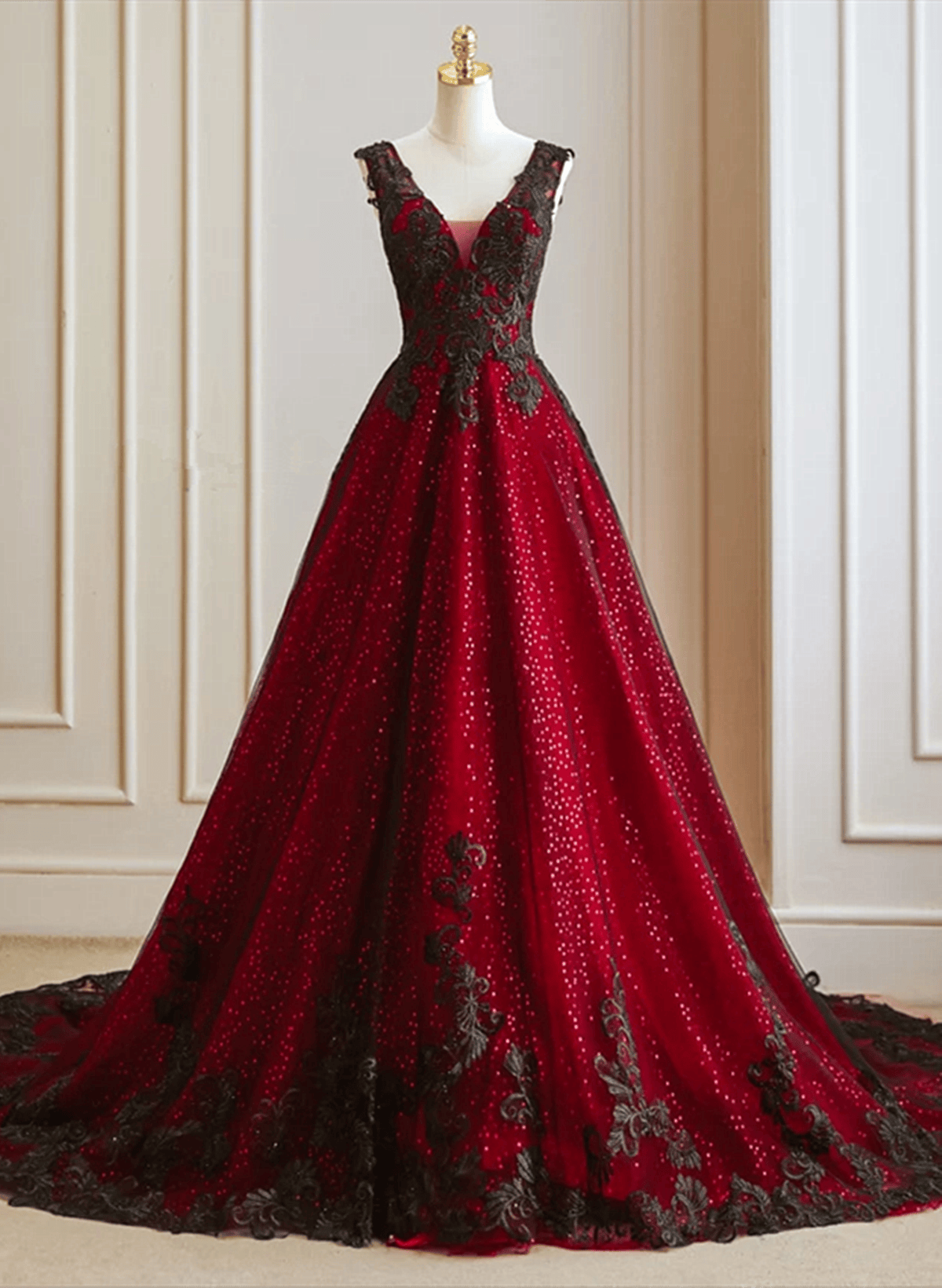 A-Line Black And Red Tulle With Lace Prom Dress, Black And Red Prom Dresses Main image