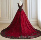 A Line Black and Red Tulle with Lace Prom Dress, Black and Red Prom Dresses