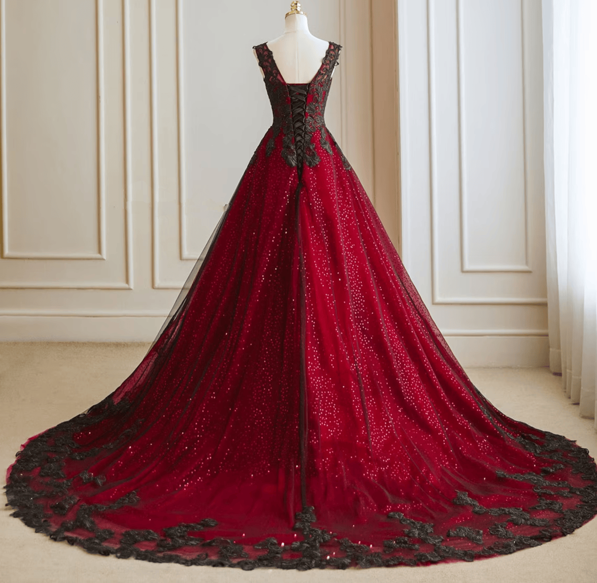 A-Line Black And Red Tulle With Lace Prom Dress, Black And Red Prom Dresses