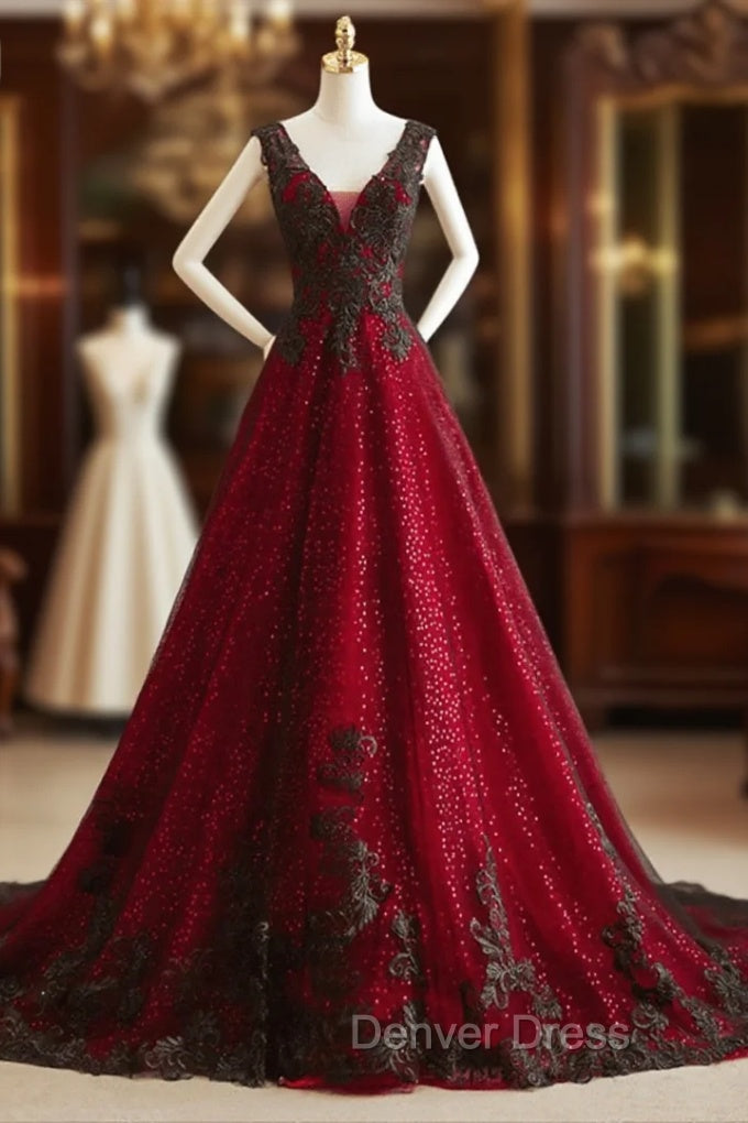 A-line Black and Red Tulle with Lace Party Dresses, Black and Red Formal Dresses Main image