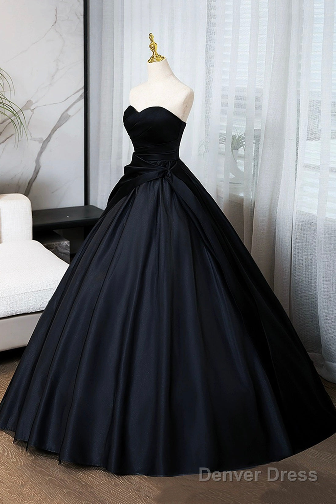 A Line Black Floor Length Prom Dress, Black Strapless Prom Dresses