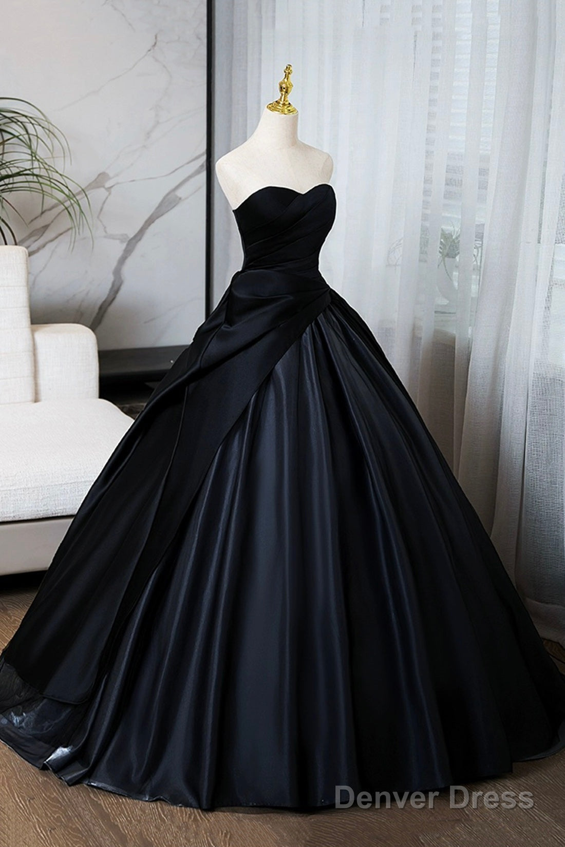 A Line Black Floor Length Prom Dress, Black Strapless Prom Dresses
