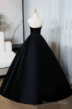 A Line Black Floor Length Prom Dress, Black Strapless Prom Dresses