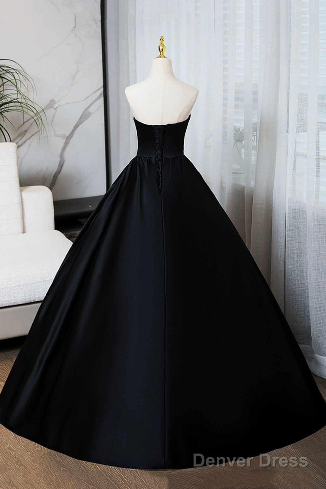 A Line Black Floor Length Prom Dress, Black Strapless Prom Dresses