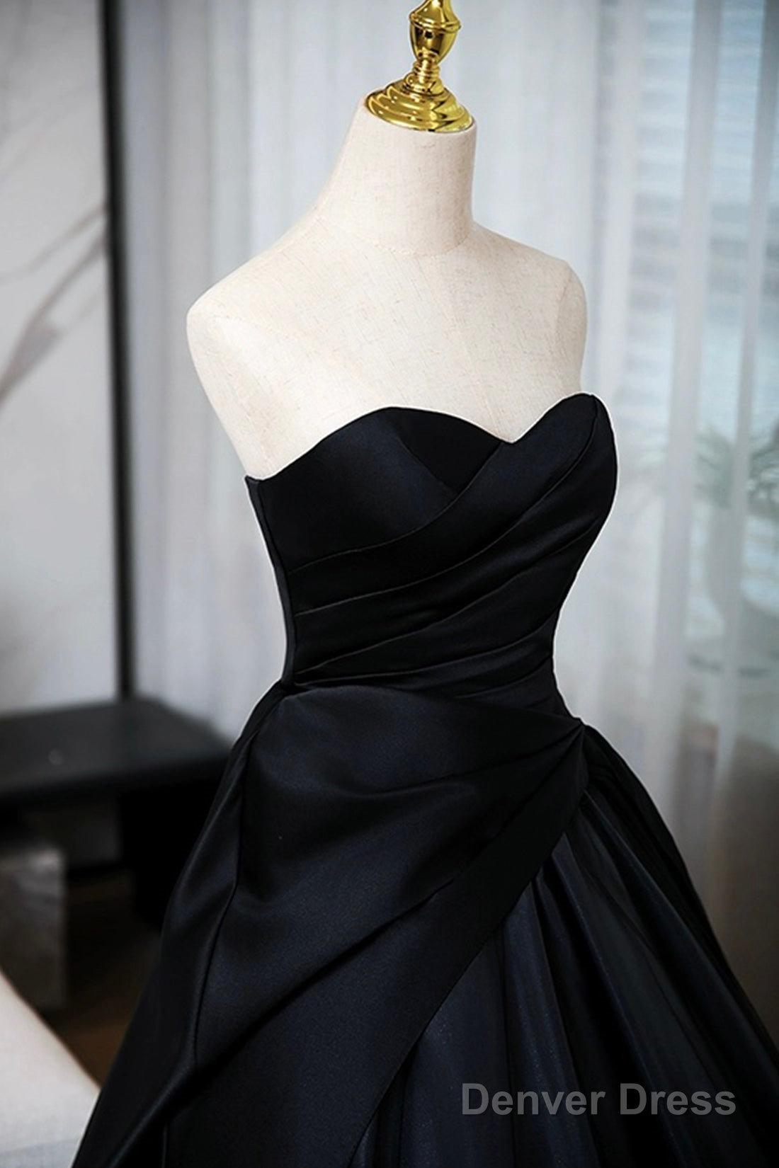 A Line Black Floor Length Prom Dress, Black Strapless Prom Dresses