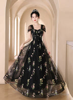 A-line Black Floral Tulle Floor Length Prom Dress, Off the Shoulder Evening Party Dress
