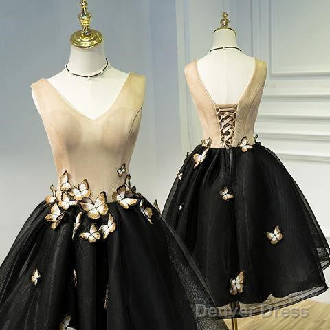 A Line Black Homecoming Dresse Sleeveless Prom Dress With Butterfly